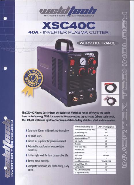 Plasma Cutter new Weldtech XSC40C single phase inverter 40 amp@60%duty cycle cut up to 12mm, Italian style torch ON SPECIAL NOW phone for details